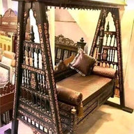 Wooden Twist Handmade Carved Teak Wood Swing with 3 Pillow ( Brown & Gold ) - WoodenTwist