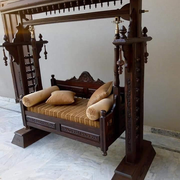 Wooden Twist Handmade Carved Teak Wood Swing with 4 Pillow ( Brown & Beige ) - WoodenTwist