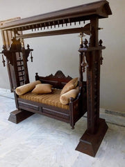 Wooden Twist Handmade Carved Teak Wood Swing with 4 Pillow ( Brown & Beige ) - WoodenTwist