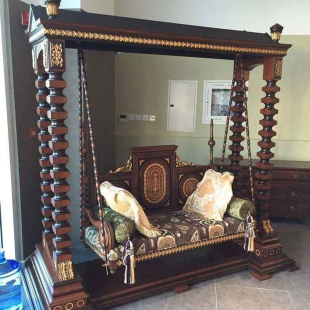 Wooden Twist Handmade Carved Teak Wood Royal Swing with 4 Pillow ( Brown & Gold ) - WoodenTwist