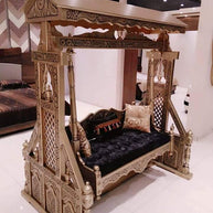 Wooden Twist Handmade Carved Teak Wood Swing with 3 Pillow ( Golden ) - WoodenTwist