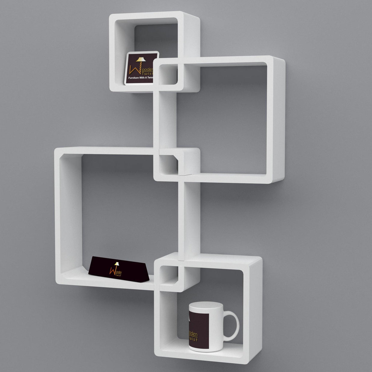 Rafuf Intersecting Floating Wall Shelves in White holding decor