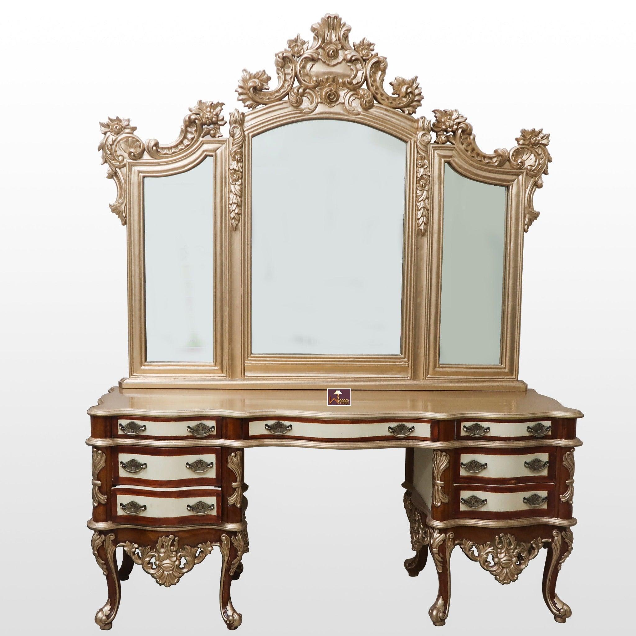 Buy Traditional Luxury Hand Carved Wooden Teak Wood Dressing Table with Side Mirror (Golden Finish) Online at woodentwist