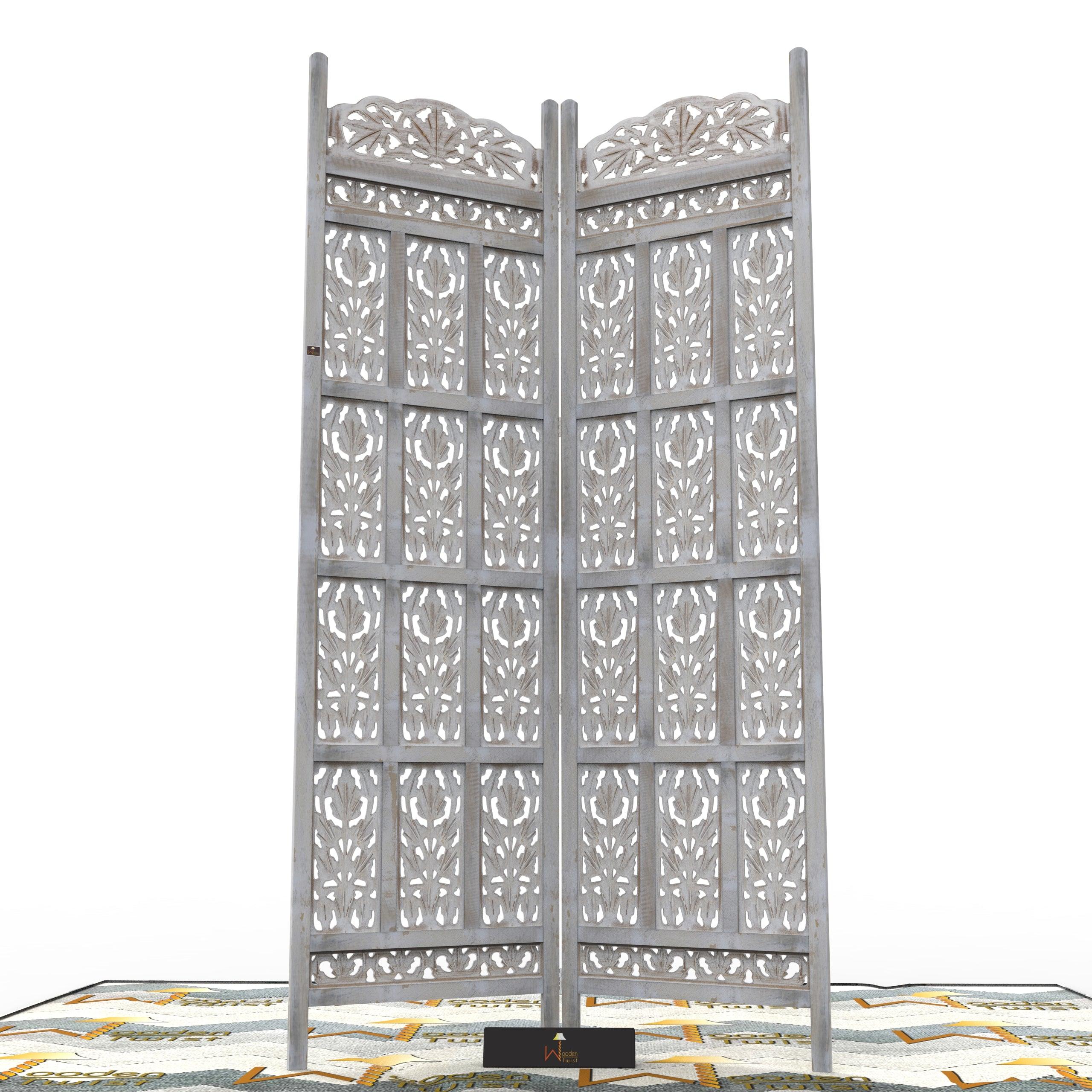 Carved Wood Room Divider Screen Antique White Wash Rustic Finish - WoodenTwist