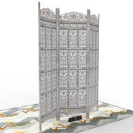 Carved Wood Room Divider Screen Antique White Wash Rustic Finish - WoodenTwist