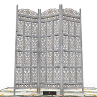 Carved Wood Room Divider Screen Antique White Wash Rustic Finish - WoodenTwist