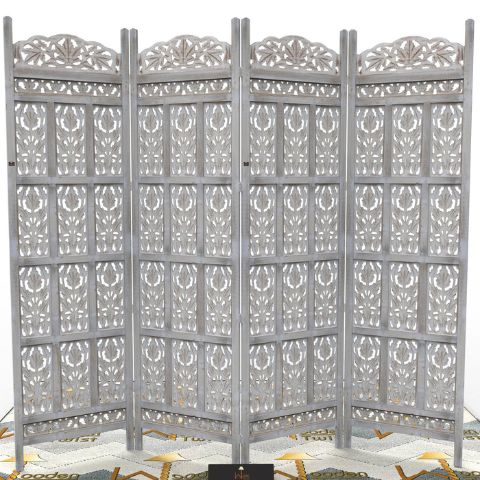 Carved Wood Room Divider Screen Antique White Wash Rustic Finish - WoodenTwist