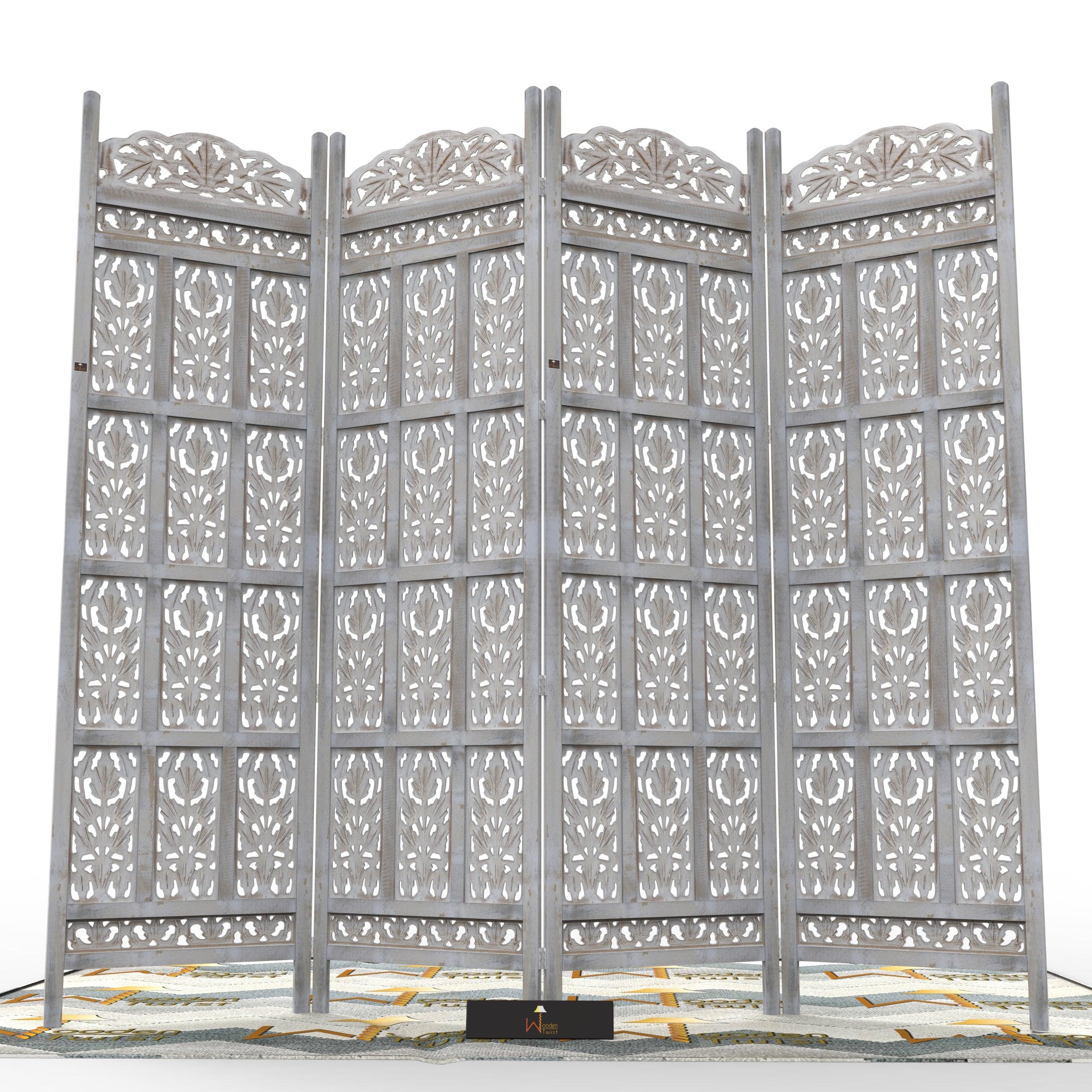 Carved Wood Room Divider Screen Antique White Wash Rustic Finish - WoodenTwist