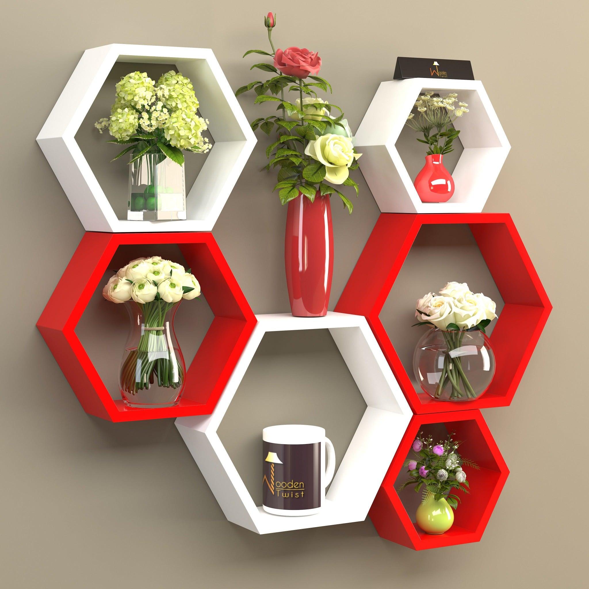 Hexagonal Shape Wooden Floating Wall Shelves (Set of 6) - WoodenTwist