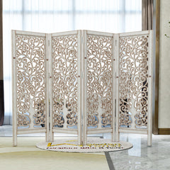 Low Height Solid Wood Room Divider Separator Wooden Partition 4 Panel ( Antique White ) - WoodenTwist