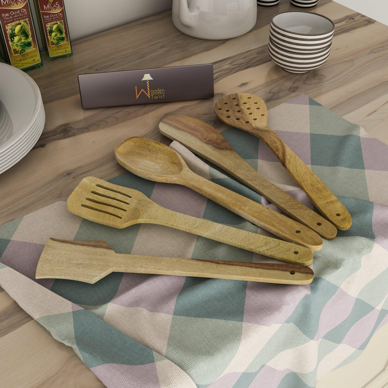 Handmade Wooden Spoons & Ladles Set of 5 - Lifestyle View - WoodenTwist