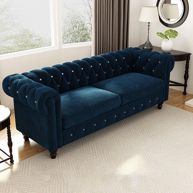 Graceful 3 Seater Velvet Rolled Arm Chesterfield Sofa - WoodenTwist