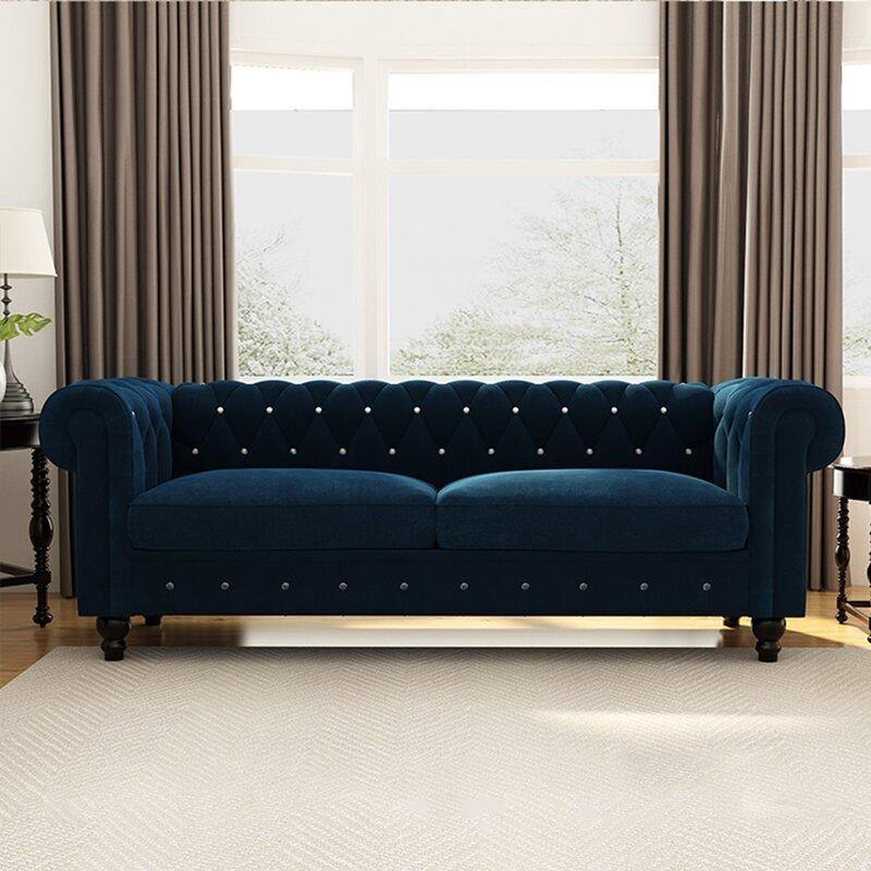 Graceful 3 Seater Velvet Rolled Arm Chesterfield Sofa - WoodenTwist