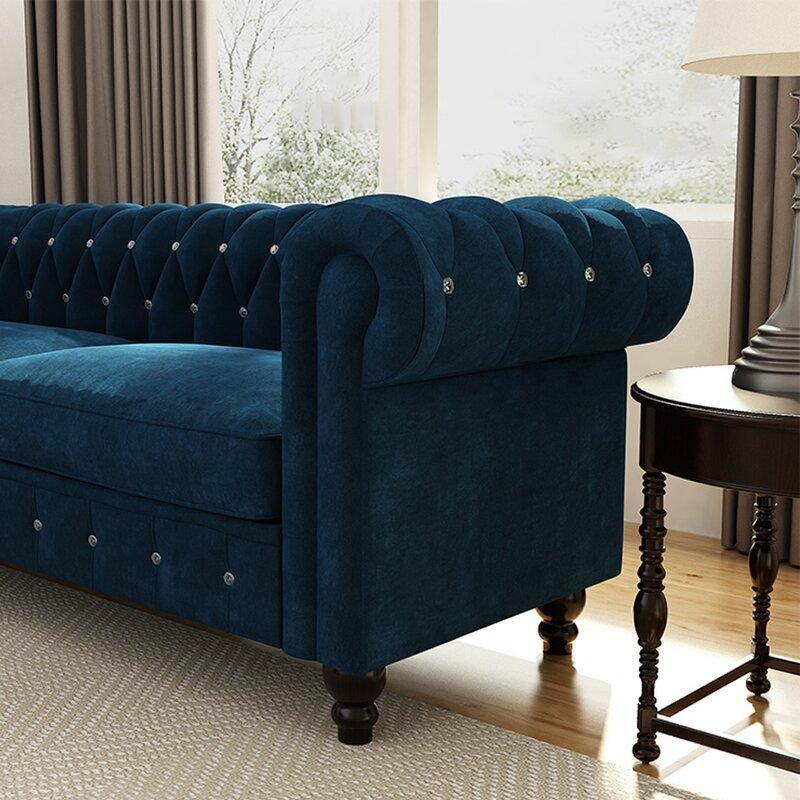 Graceful 3 Seater Velvet Rolled Arm Chesterfield Sofa - WoodenTwist