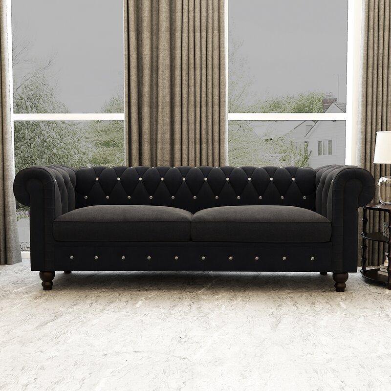 Graceful 3 Seater Velvet Rolled Arm Chesterfield Sofa - WoodenTwist