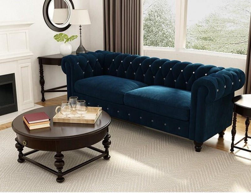 Graceful 3 Seater Velvet Rolled Arm Chesterfield Sofa - WoodenTwist