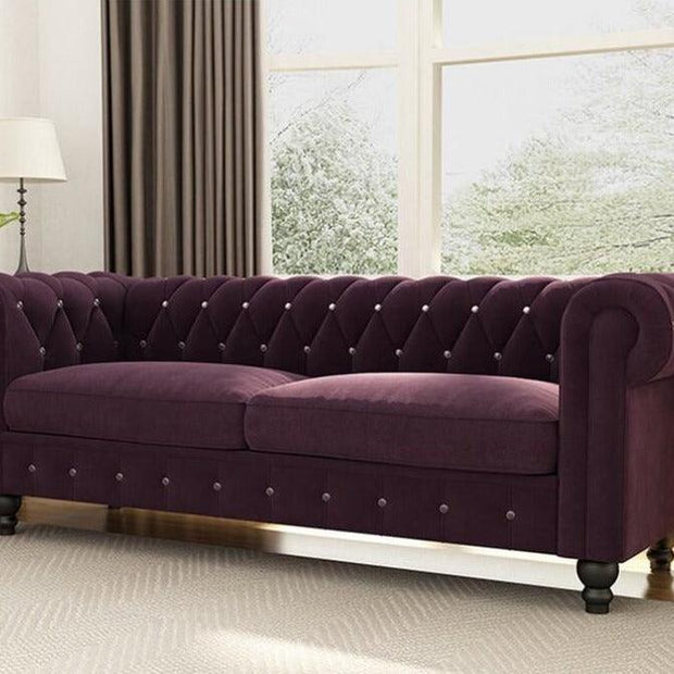 Graceful 3 Seater Velvet Rolled Arm Chesterfield Sofa - WoodenTwist