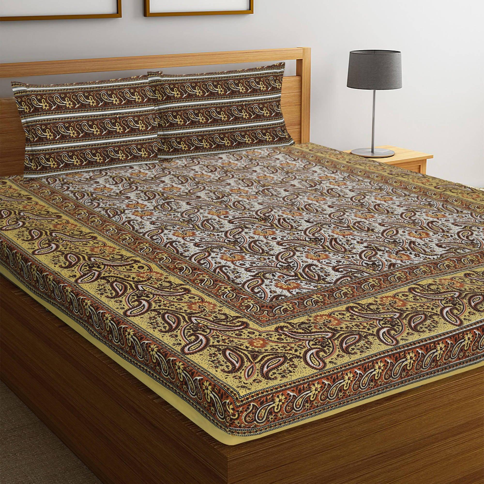 Fabrahome Rajasthani Jaipuri Cotton Block Print Double Bedsheets with 2 Pillow Covers - WoodenTwist