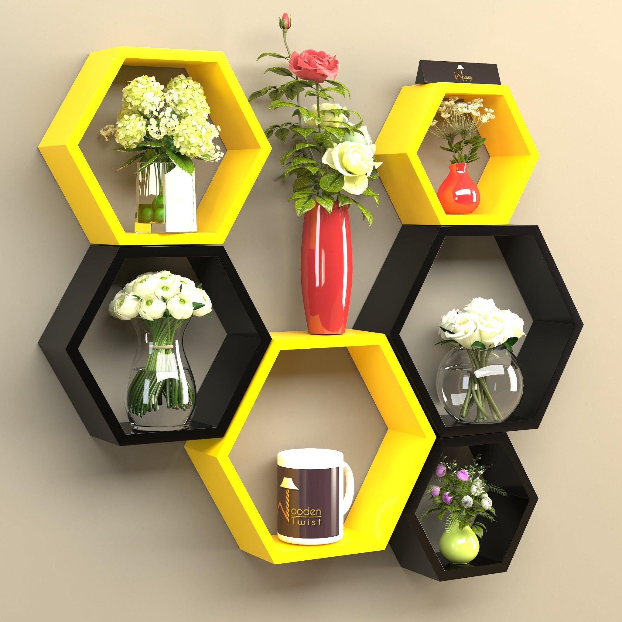 Hexagonal Shape Wooden Floating Wall Shelves (Set of 6) - WoodenTwist