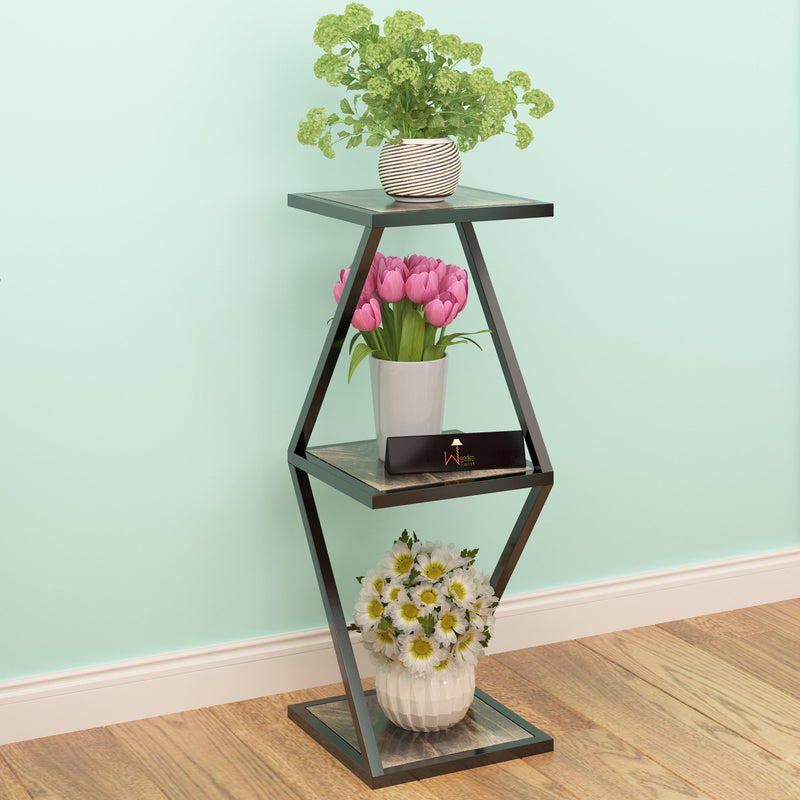 3-Tier Iron & Wood Plant Stand with Curved Pot Holder Shelf - Lifestyle View