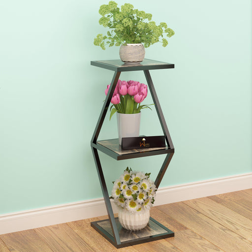 Tier 3 Potted Iron And Wood Plant Stand, Curved Flower Pot Holder Shelf for Indoor & Outdoor - WoodenTwist