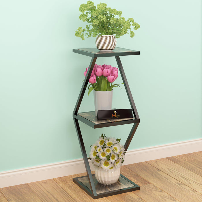 Tier 3 Potted Iron And Wood Plant Stand, Curved Flower Pot Holder Shelf for Indoor & Outdoor - WoodenTwist