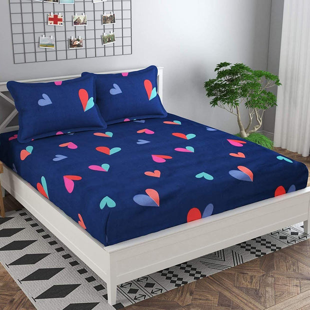 Glace Cotton Double Bedsheet with 2 Pillow Covers (Blue Heart) - WoodenTwist