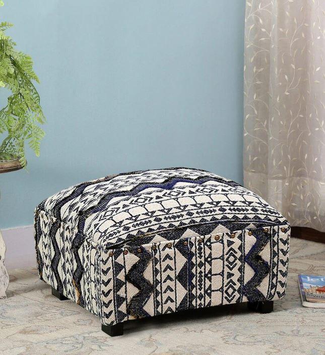 Stylish square foot stool in multicolor with cotton embroidered - WoodenTwist