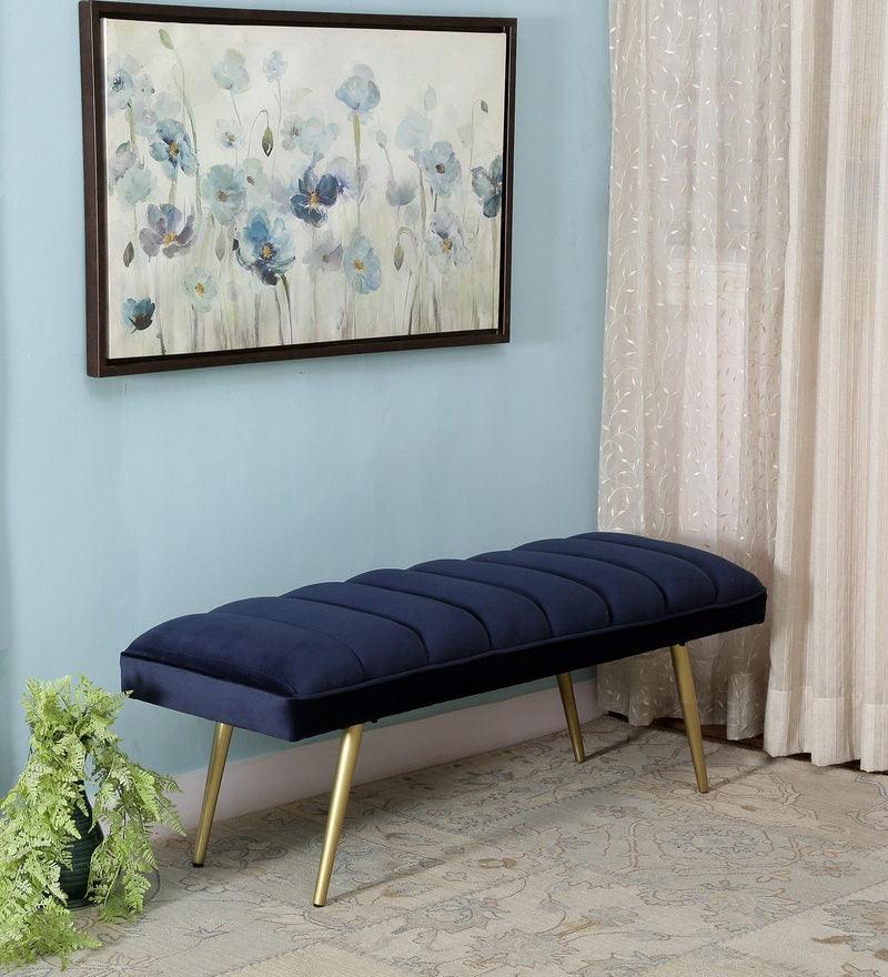 Stylish & Classy bench in blue color with velvet touch - WoodenTwist