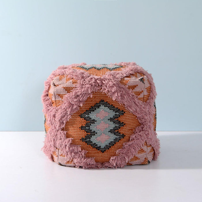 Cotton Embroidered Ruggs Pouf in Multicolor - WoodenTwist