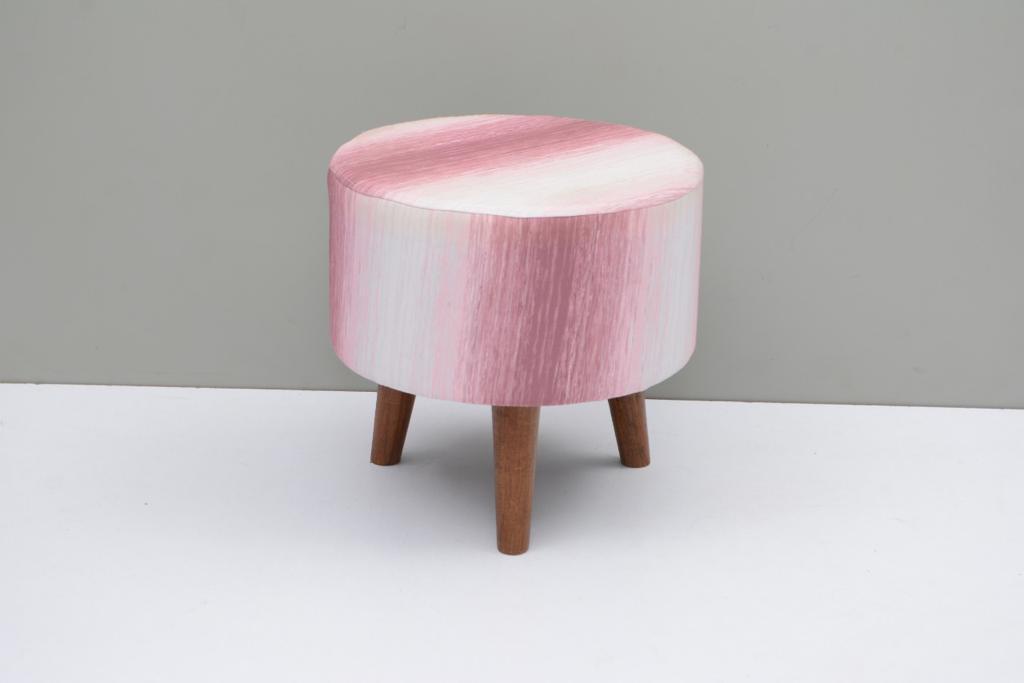 Wooden Handmade Embroidered Round Shape Footrest Stool (White & Pink) - WoodenTwist