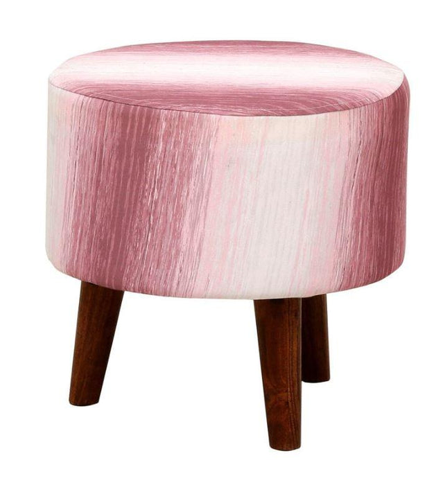 Wooden Handmade Embroidered Round Shape Footrest Stool (White & Pink) - WoodenTwist