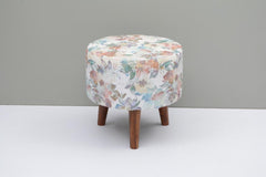 Round mango wood foot stool in multicolor with cotton embroidered - WoodenTwist