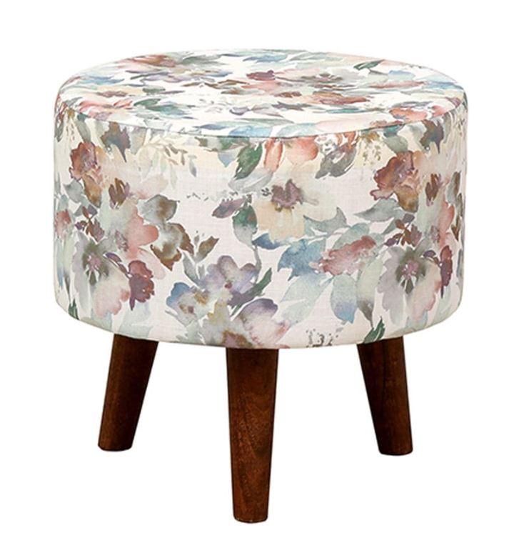 Round mango wood foot stool in multicolor with cotton embroidered - WoodenTwist