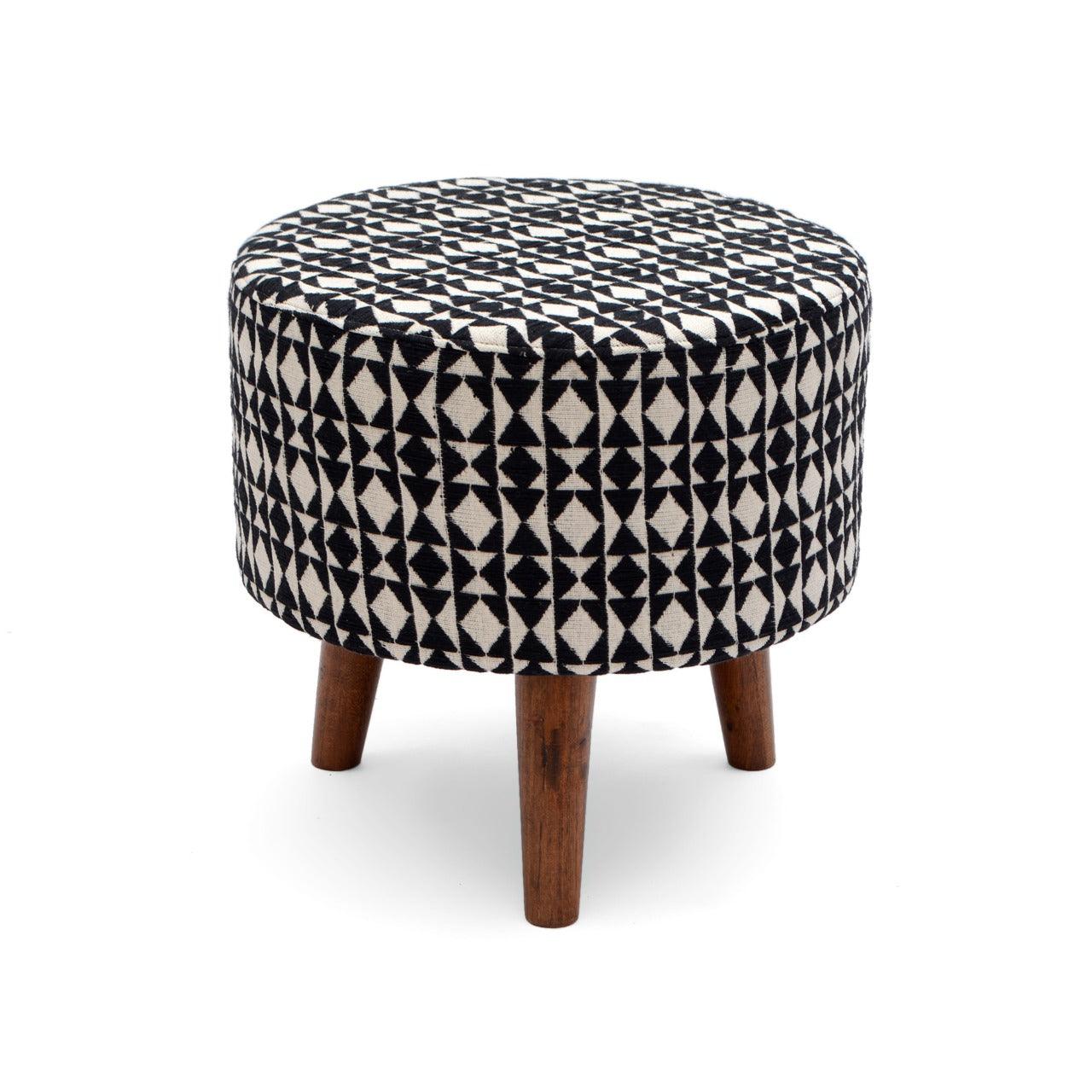 Wooden Handmade Embroidered Round Shape Footrest Stool (White & Black) - WoodenTwist