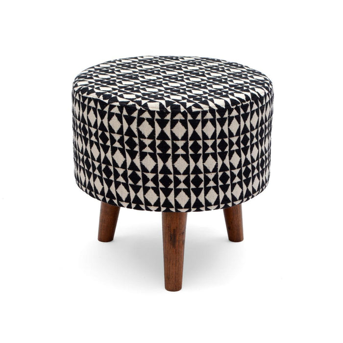 Wooden Handmade Embroidered Round Shape Footrest Stool (White & Black) - WoodenTwist