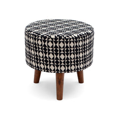 Wooden Handmade Embroidered Round Shape Footrest Stool (White & Black) - WoodenTwist