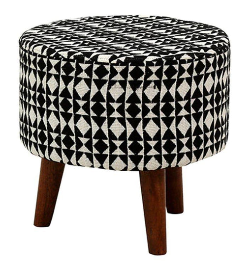 Wooden Handmade Embroidered Round Shape Footrest Stool (White & Black) - WoodenTwist
