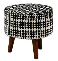 Wooden Handmade Embroidered Round Shape Footrest Stool (White & Black) - WoodenTwist