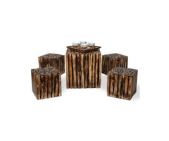 Bloque De Madera Wooden Square Coffee Table With 4 Stool - WoodenTwist