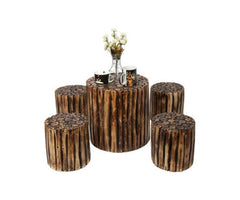 solid wood round coffee table with 4 stools