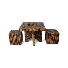 Wooden Antique Square Shaped Coffee Table With 4 Stool - WoodenTwist