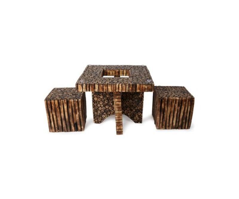 Wooden Antique Square Shaped Coffee Table With 4 Stool - WoodenTwist