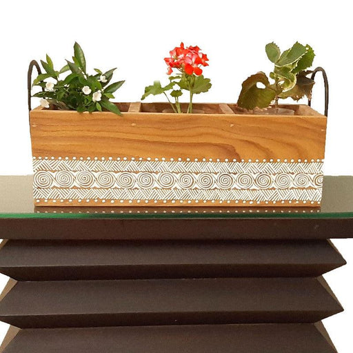 Aipan Inspired Hand Painted Sal Wood Planter for Indoor and Outdoor Use - WoodenTwist
