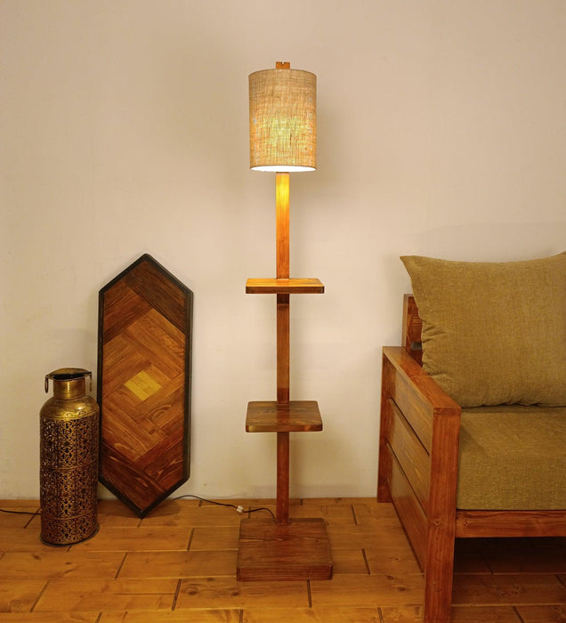 Andre Wooden Floor Lamp with Brown Base and Jute Fabric Lampshade - WoodenTwist