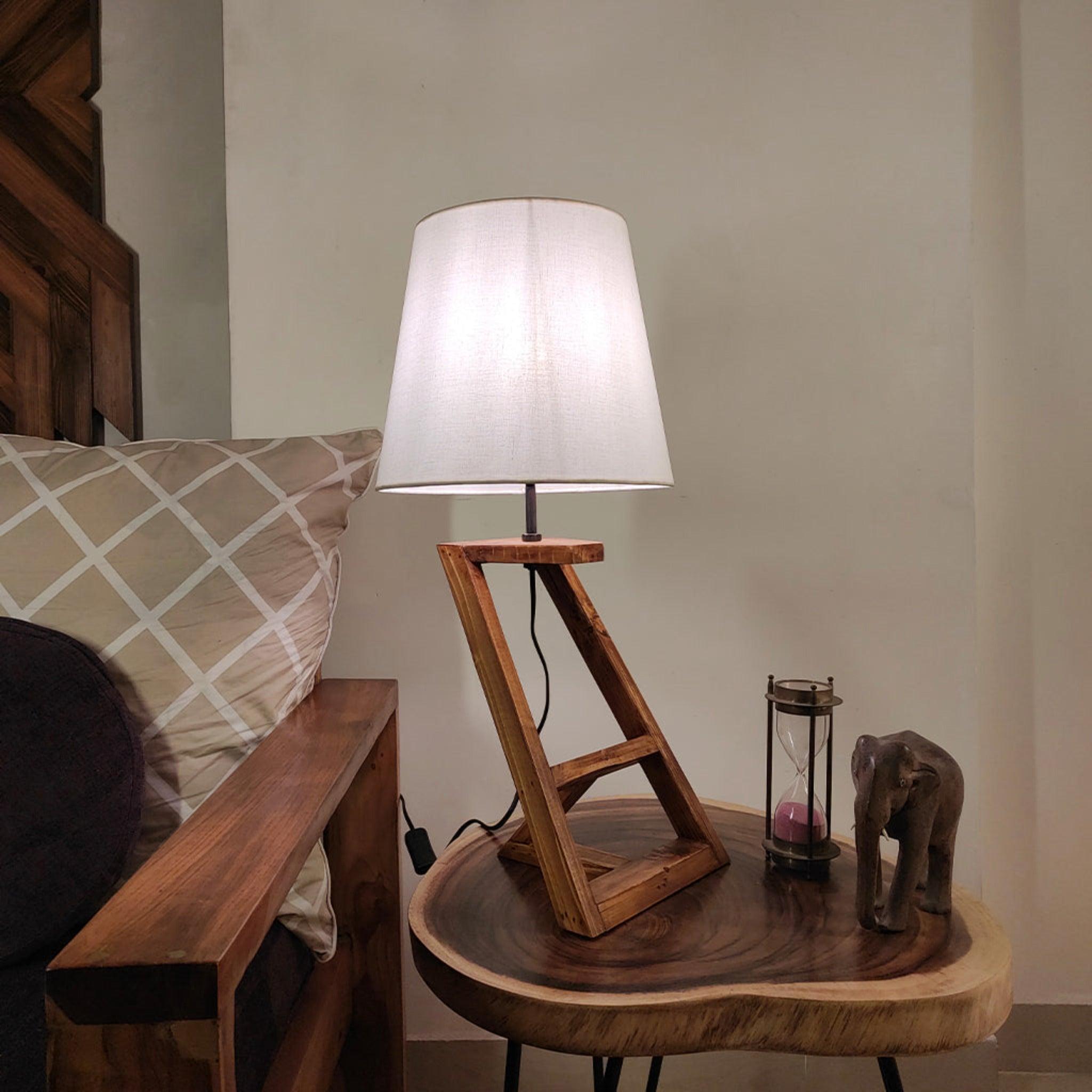 Angular Wooden Table Lamp with Brown Base and Premium White Fabric Lampshade - WoodenTwist