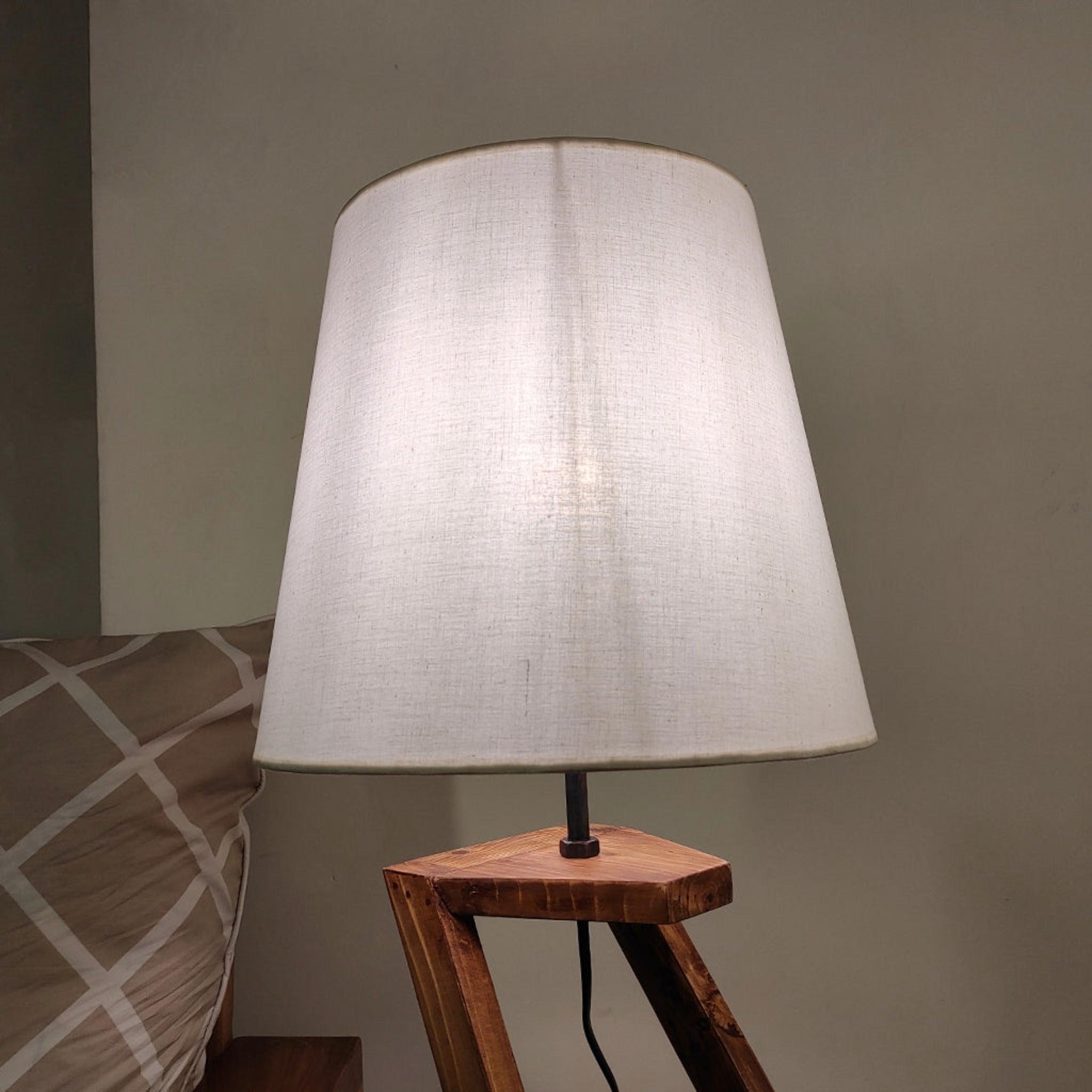 Angular Wooden Table Lamp with Brown Base and Premium White Fabric Lampshade - WoodenTwist