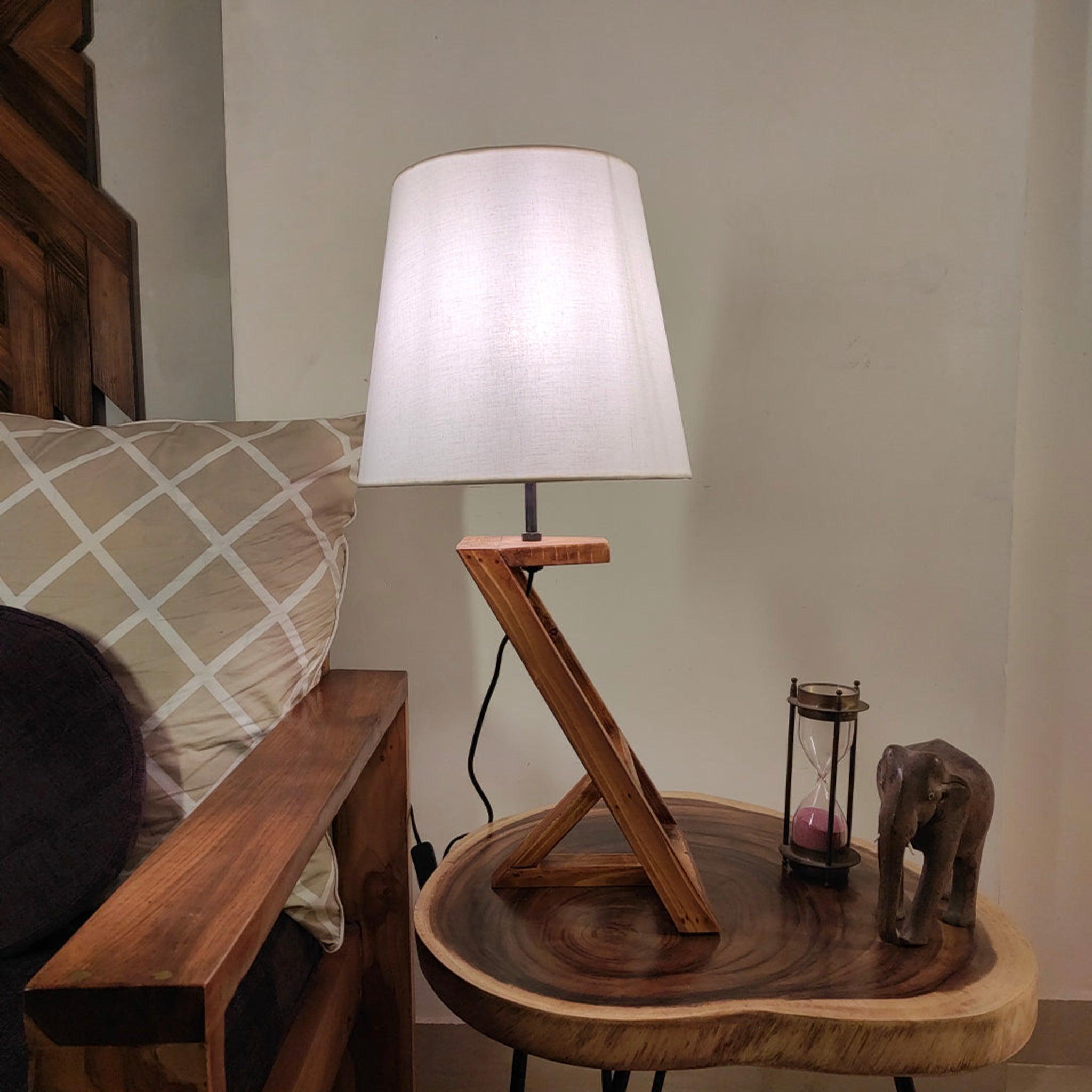 Angular Wooden Table Lamp with Brown Base and Premium White Fabric Lampshade - WoodenTwist