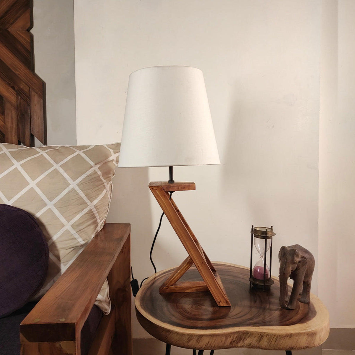 Angular Wooden Table Lamp with Brown Base and Premium White Fabric Lampshade - WoodenTwist