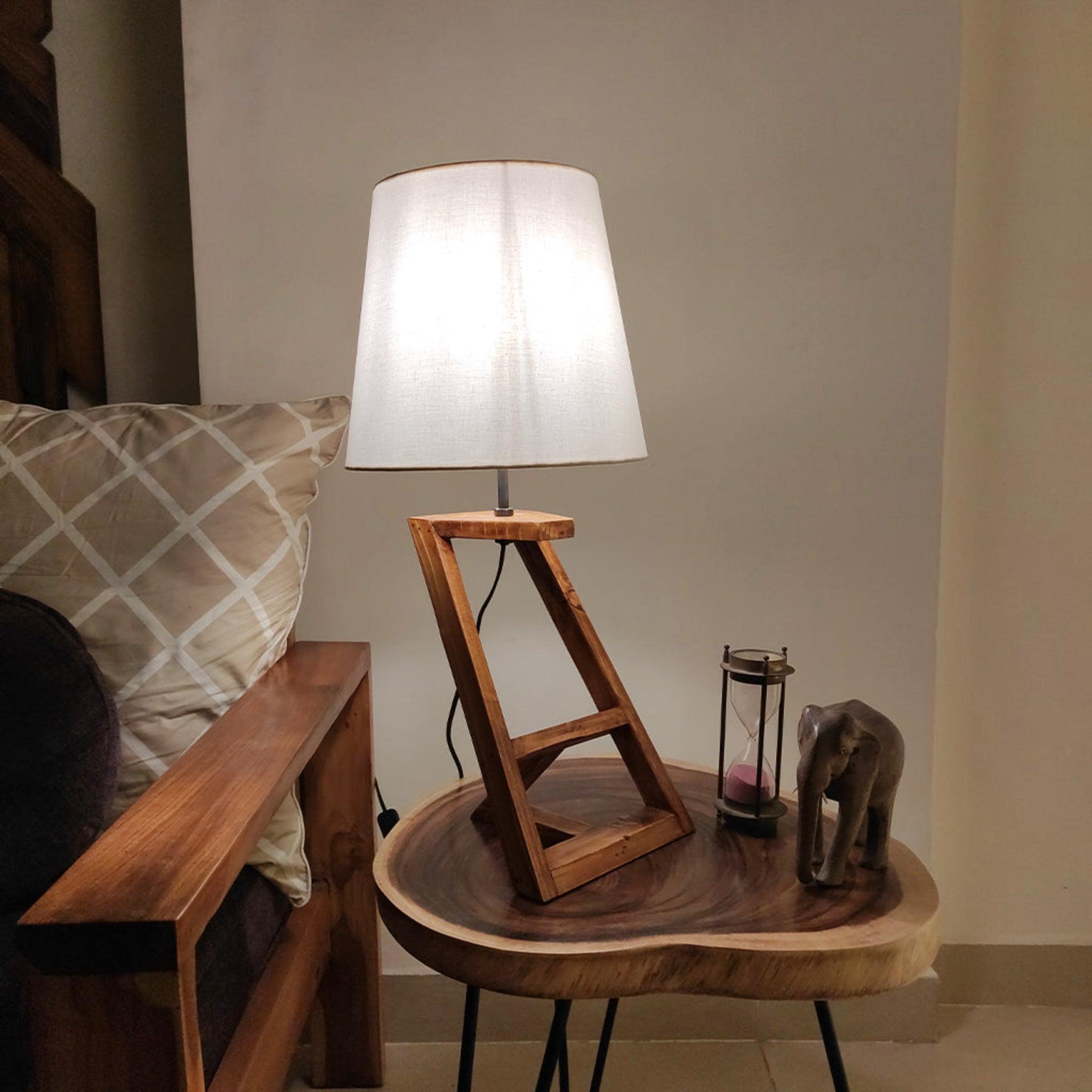 Angular Wooden Table Lamp with Brown Base and Premium White Fabric Lampshade - WoodenTwist